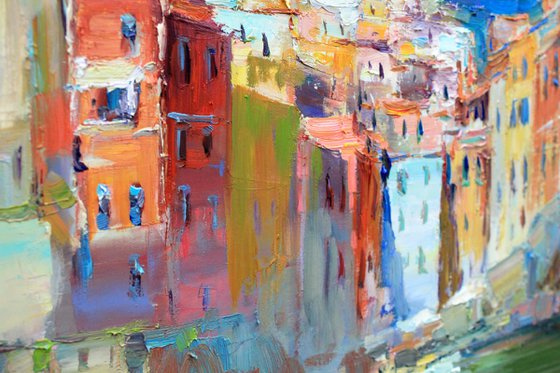 Riomaggiore, Italy seascape oil painting- impasto painting - Italian bay area art work