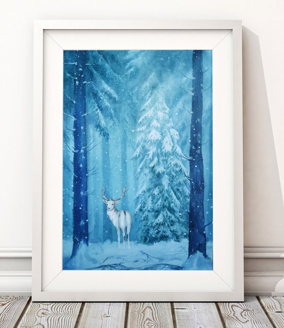 Spirit of the Forest - The White Stag in snowy forest - White Deer - white hart - Christmas gift