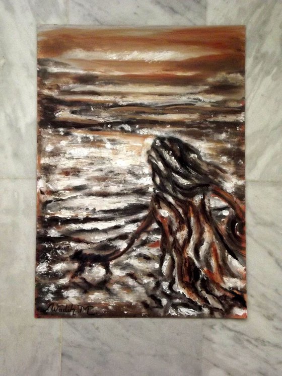 SEASIDE GIRL IN A HURRY - RIDING WITH HER DOG - Oil painting (30x42cm)