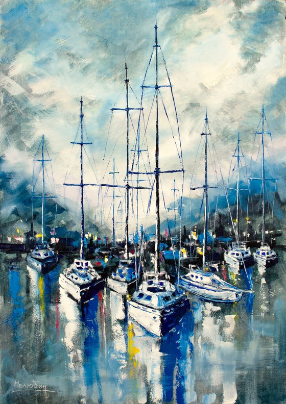 "Quiet harbor " yachts at sea, landscape