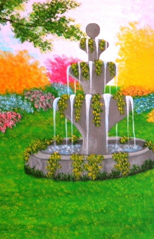 Make A Wish - large wild garden landscape; spring blossoms; wishing fountain; home, office decor; gift idea by Liza Wheeler