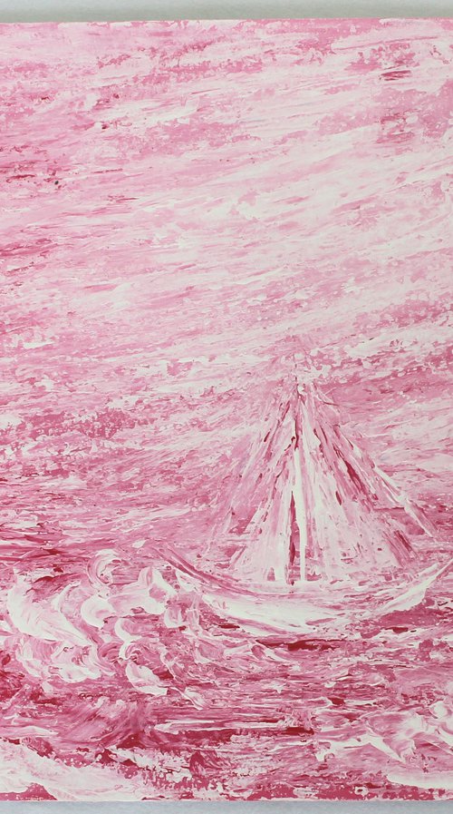 Sail - Impressionistic Seascape painting of a sail boat on acrylic paper - Pink seascape by Vikashini Palanisamy