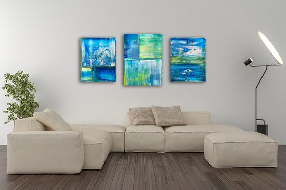 "Just Chillin" - Save As A Series - Original PMS Abstract Acrylic Painting Triptych On Canvas - 50" x 24"