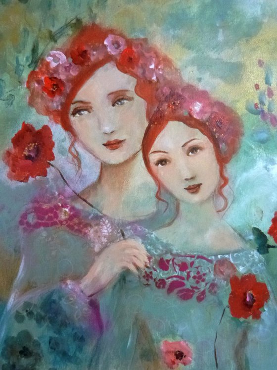 The wild path 73 x 60 cm. Portrait of mother and daughter in the garden