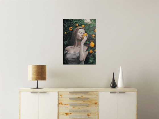 Girl with lemons. Original painting 50x70 cm. As a gift.