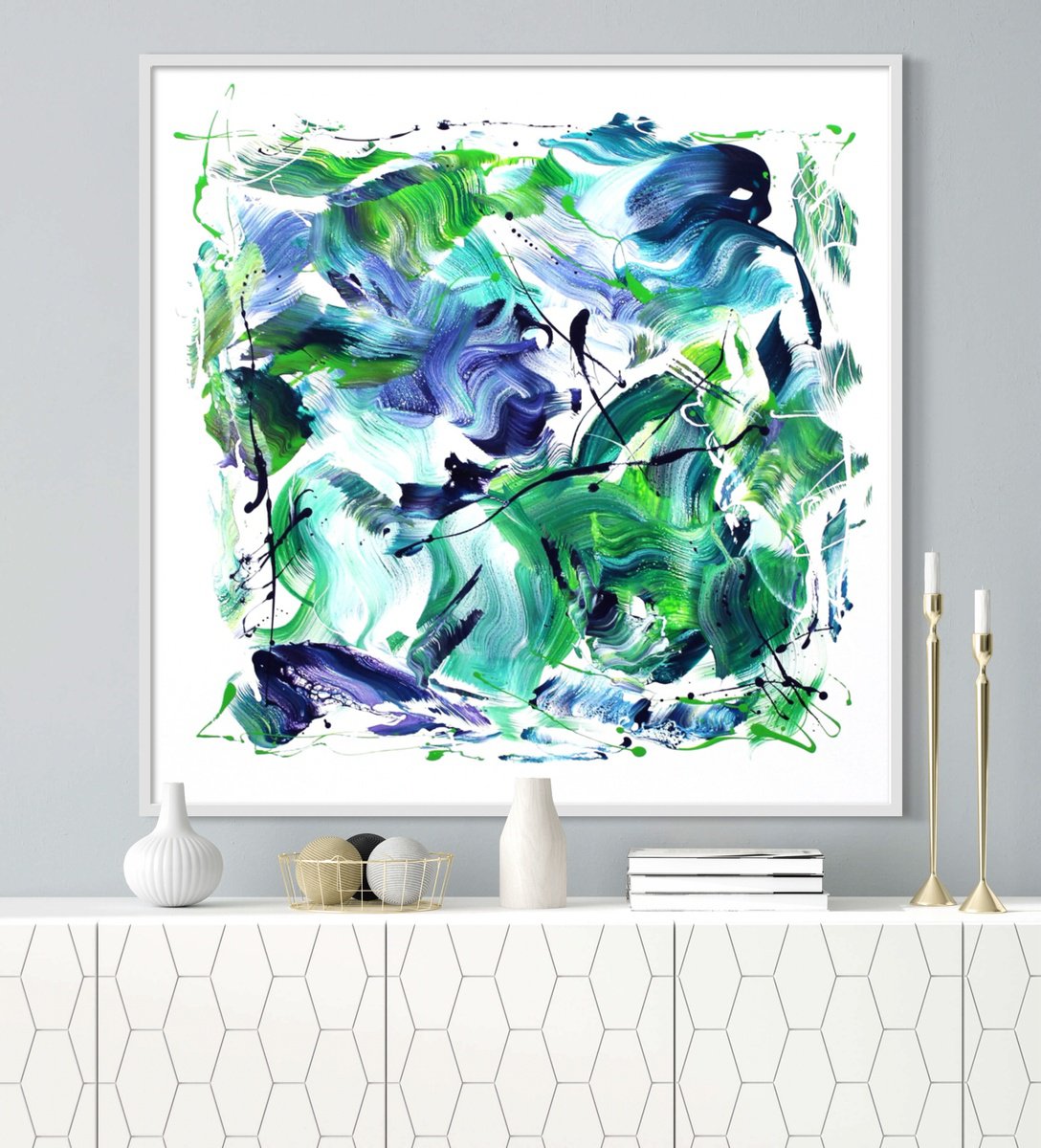 Expressive Abstract Acrylic Painting By Paresh Nrshinga Frsa, 40 X 40", Emerald Whirlwind, Original Artwork