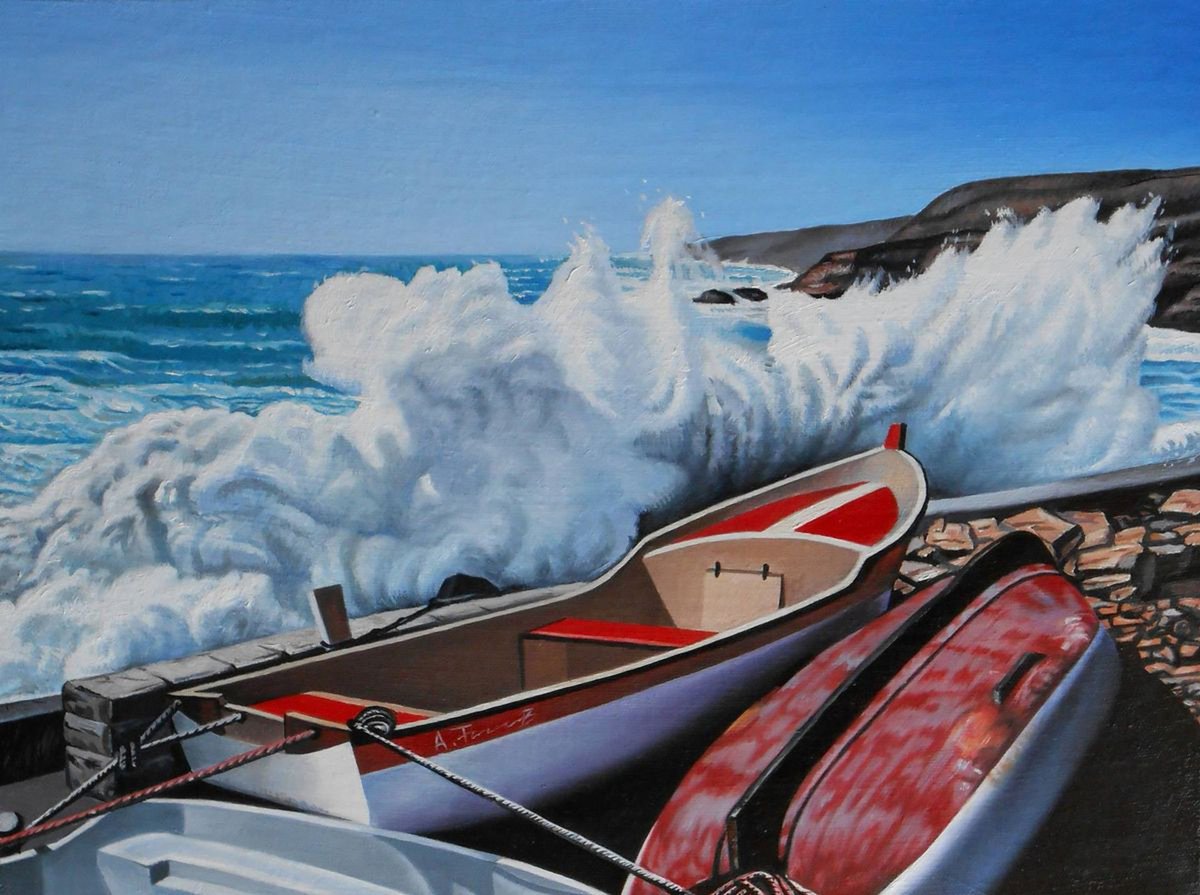 Photorealistic Landscape Oil Painting By Alexander Titorenkov, 16 X 12, Boats In A Stormy Sea, Original Artwork