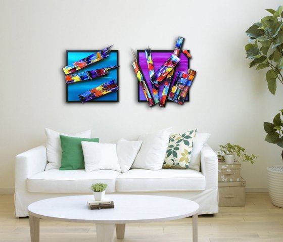 "Shipwrecked Series" - SAVE AS SERIES - Original PMS Mixed Media Sculptural Paintings On Canvas and Wood, Framed -  44 x 26 inches