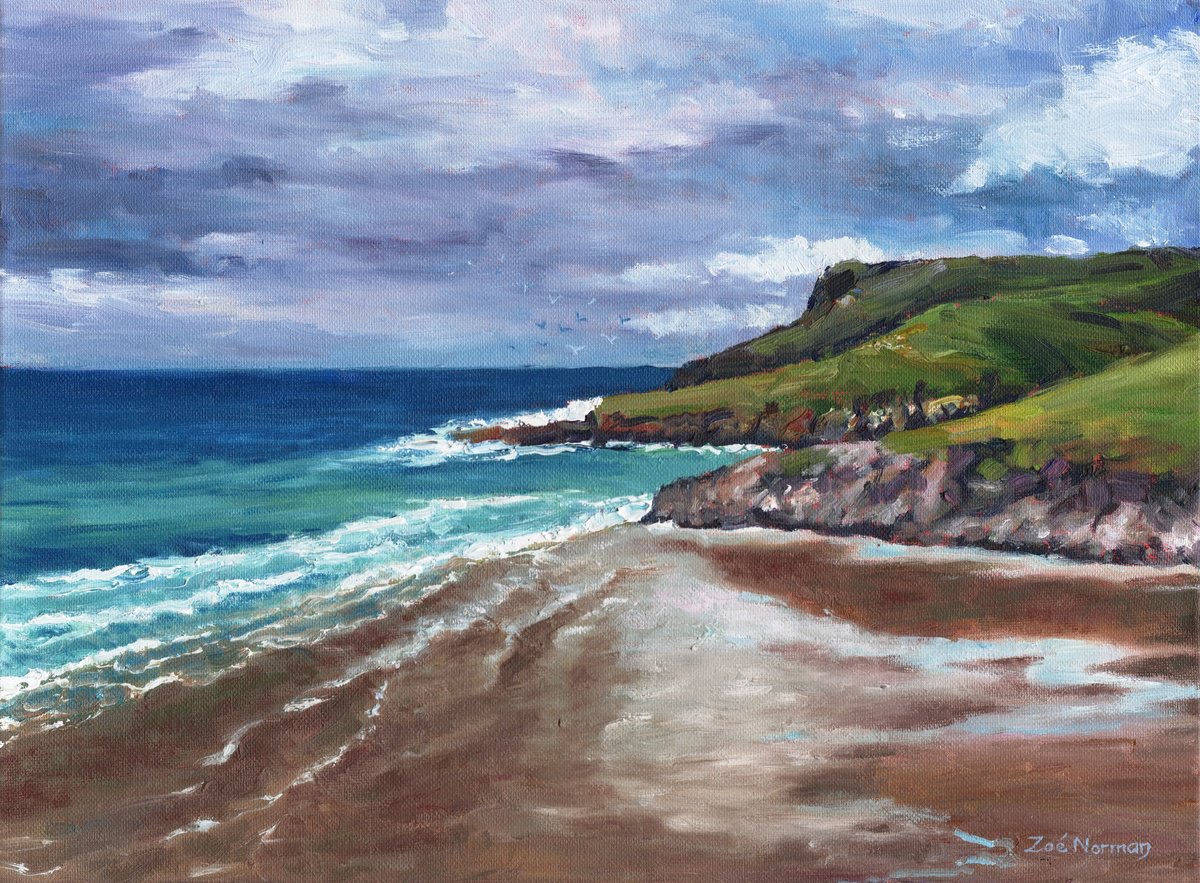 Impressionistic Landscape Oil Painting By Zoe Elizabeth Norman, 16 X 12", Cornish Coast - Beach And Cliffs, Original Artwork