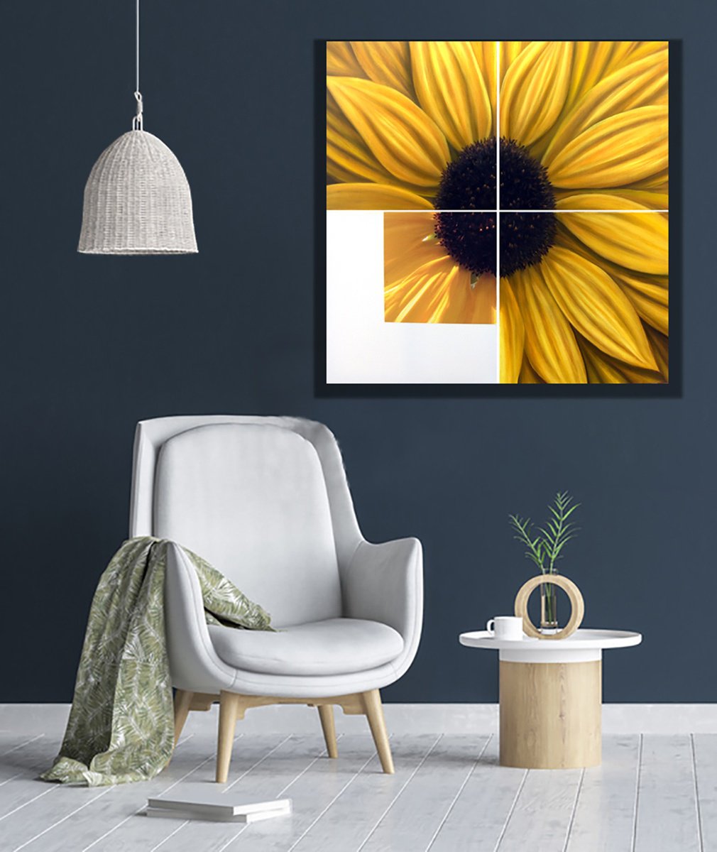 Photorealistic Botanical Oil Painting By Juan Bernal, 40 X 40", Sunflower, Original Artwork