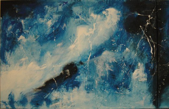 "Back In Blue". X Large panoramic abstract 200 x 70 cm. Diptych.