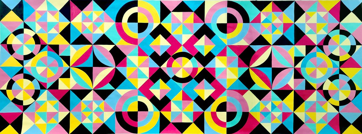 Geometric Abstract Acrylic Painting By Vio Valova, 70 X 27", Mind Puzzle, Original Artwork