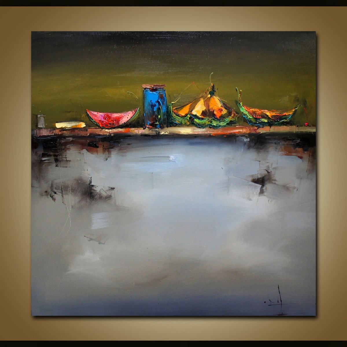 Expressive Still Life Oil Painting By Stanislav Lazarov, 31 X 31", Relax With Watermelon, Original Artwork