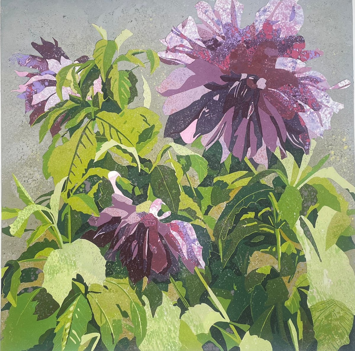 Expressive Linocut , Linocut Print - Dahlias By C Staunton, 13 X 14, Artwork For Sale On Artfinder