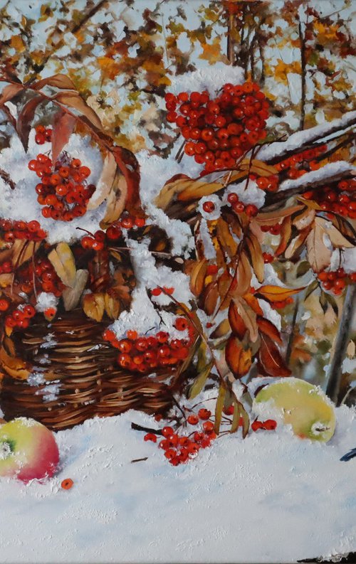 Snowy Rowan Basket and Winter Birds by Natalia Shaykina