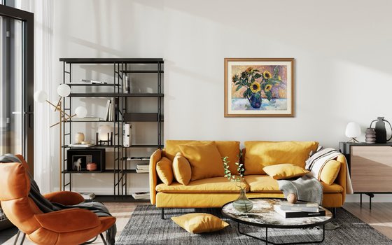 Sunflowers in a blue vase