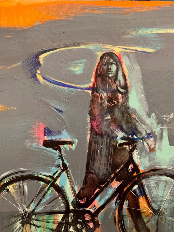 Big painting - "Autumn" - Girl - Bikes - Bicycle - Pop Art - Urban