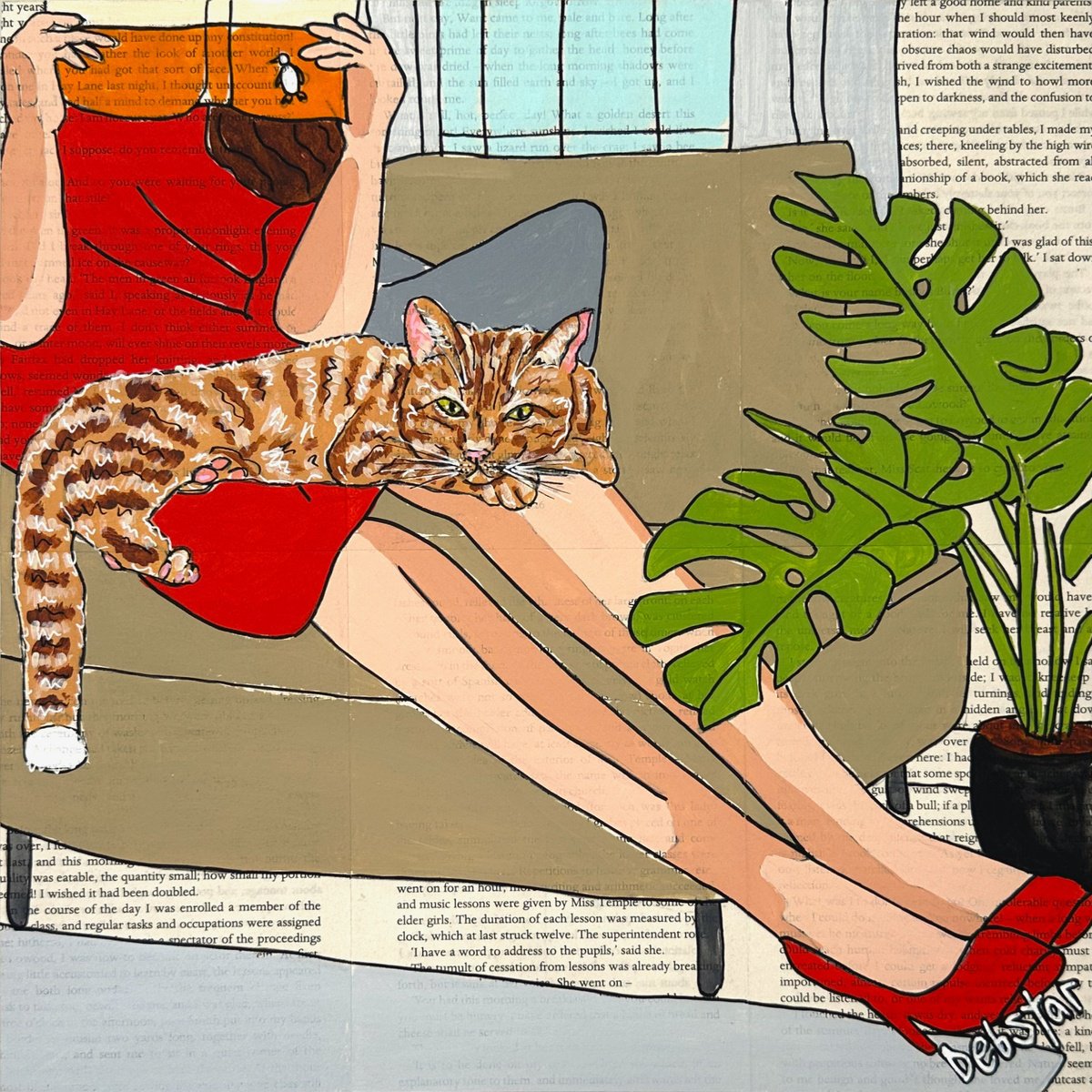 Illustrative Acrylic Painting , Cat Capers Lounging 2 30Cm X 30Cm By Deborah Lang, 12 X 12, Artwork For Sale On Artfinder