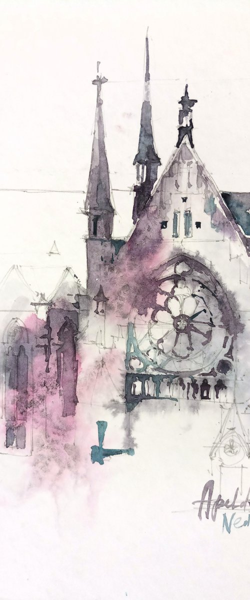 "Gothic cathedral towers in Apeldoorn, Netherlands" architectural landscape - Original watercolor painting by Ksenia Selianko