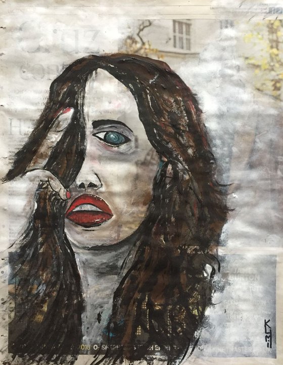This Face Acrylic on Newspaper Face Art Woman Portrait Red Lips 37x29cm Gift Ideas Original Art Modern Art Contemporary Painting Abstract Art For Sale Free Shipping