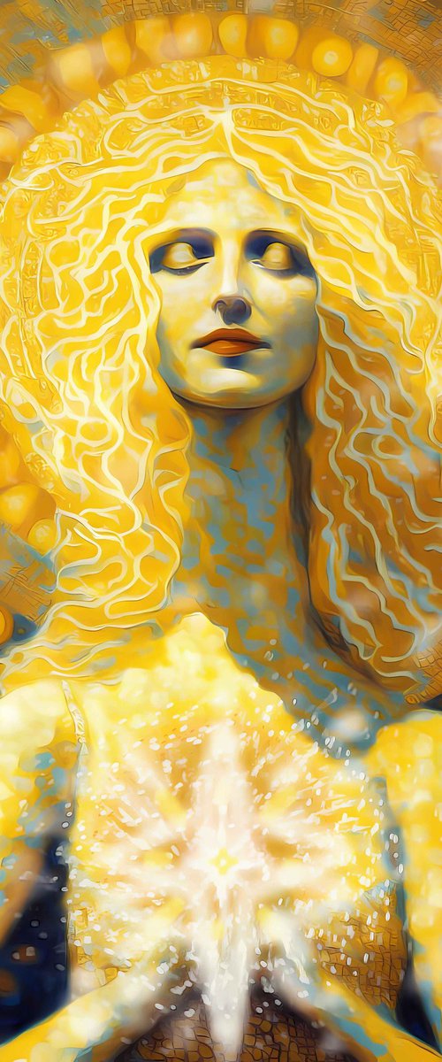 Inner Light. 180 x 120 cm. Magical radiance of the soul. Futuristic fantasy fabulous esoteric surreal mystery harmonious artwork. Yoga meditation relaxation pray aura grace Large format wall art on canvas. Original golden yellow huge digital painting for home decor by BAST