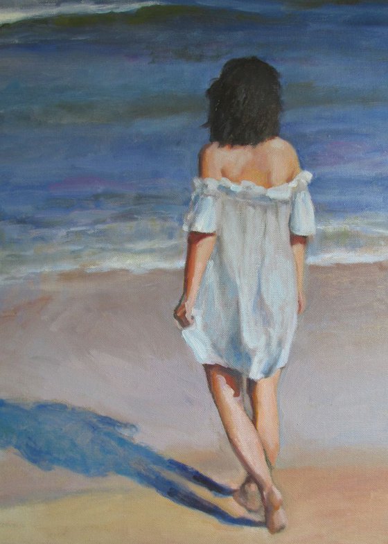 Blue Waters-Impressionist beach figure oil sea painting. 45x61cm.