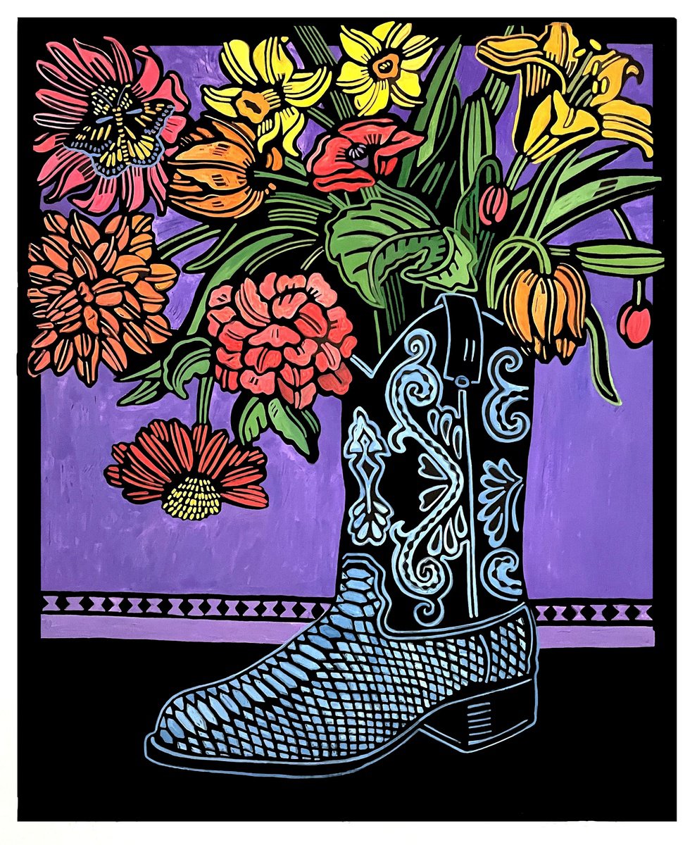 Cowgirl Flowers Linocut by Laurel Macdonald | Artfinder