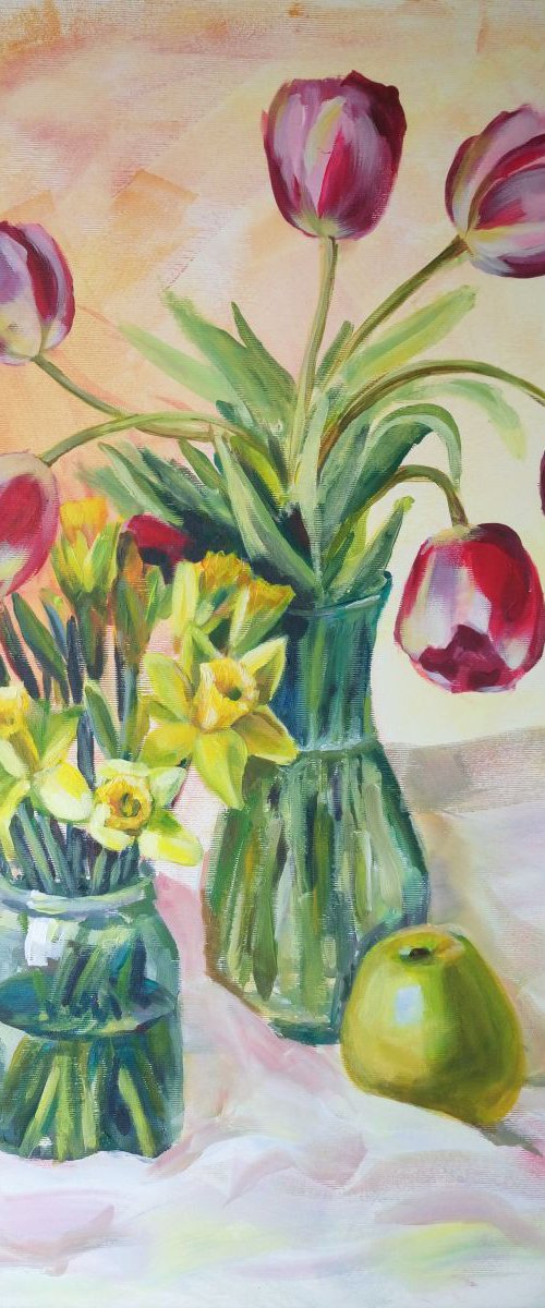 Still life with glass and water.  --- (Gift idea original acrylic painting. Daffodils and spring tulips still life with green apple) 50x70cm canvas on board unframed. by Mag Verkhovets