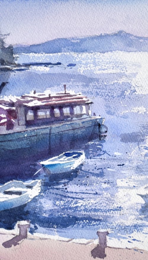 Summer scene with large boat by Goran Žigolić Watercolors