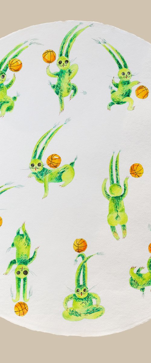 Green bunnies with basketballs by Anna Onikiienko