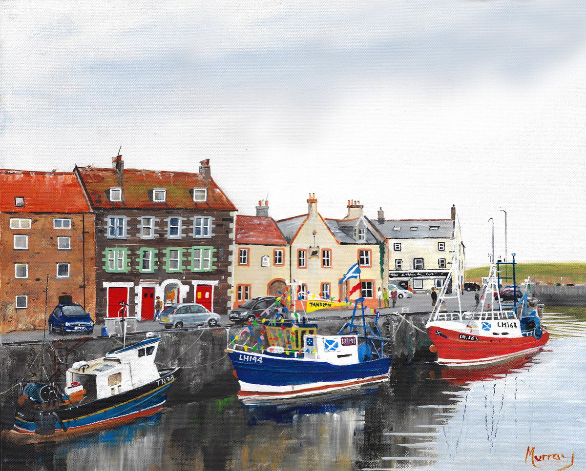 Eyemouth Harbour Fishing Boats Scottish Landscape Painting by Stephen Murray