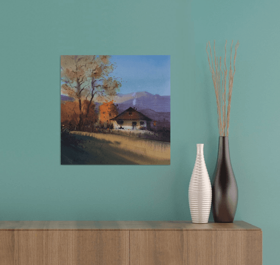 Autumn in mountains original watercolor painting. One of a kind art.