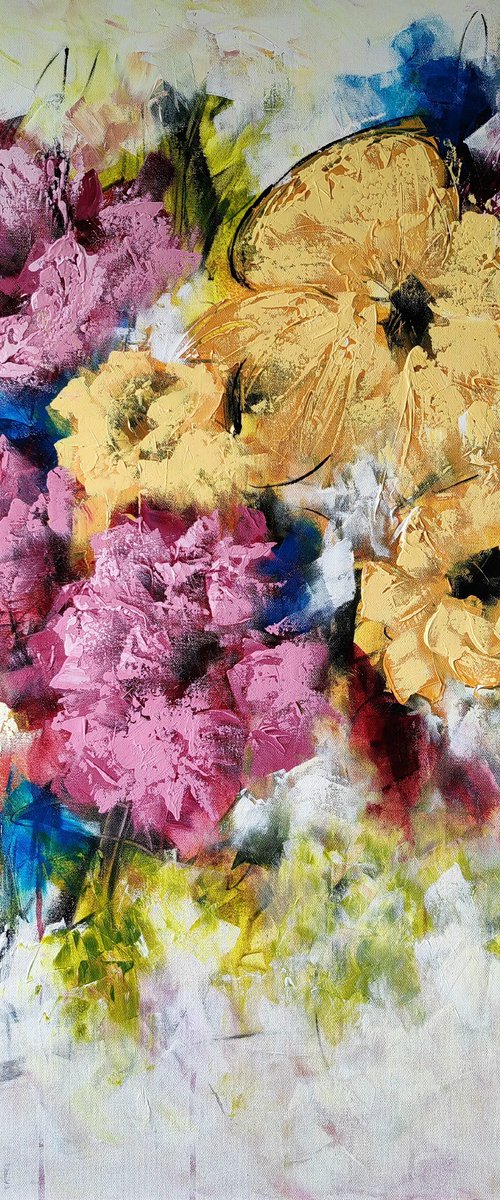 "Floral Fantasia" from "Colours of Summer" collection, XXL abstract flower painting by Vera Hoi