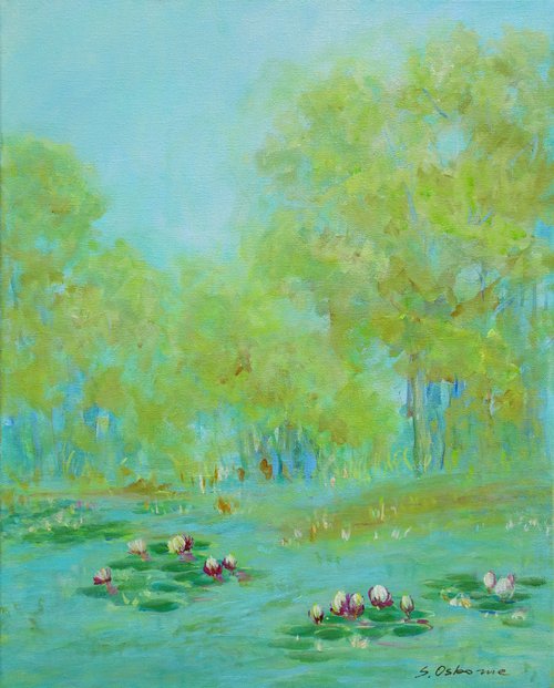 Water Lily Pond Medium Floral Painting. Green Painting on Canvas. Modern Impressionism Art by Sveta Osborne