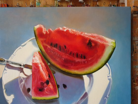 "Juicy slices"  still life summer watermelon liGHt original painting  GIFT (2019)