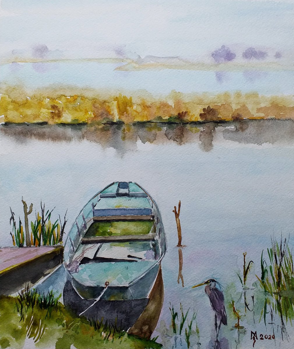 Impressionistic Landscape Watercolour By Zoran Mihajlovic Muza, 11 X 13", Boat On The River, Original Artwork