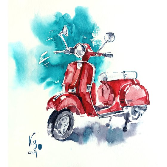 Watercolor sketch "Bright red retro moped on a turquoise background" original illustration