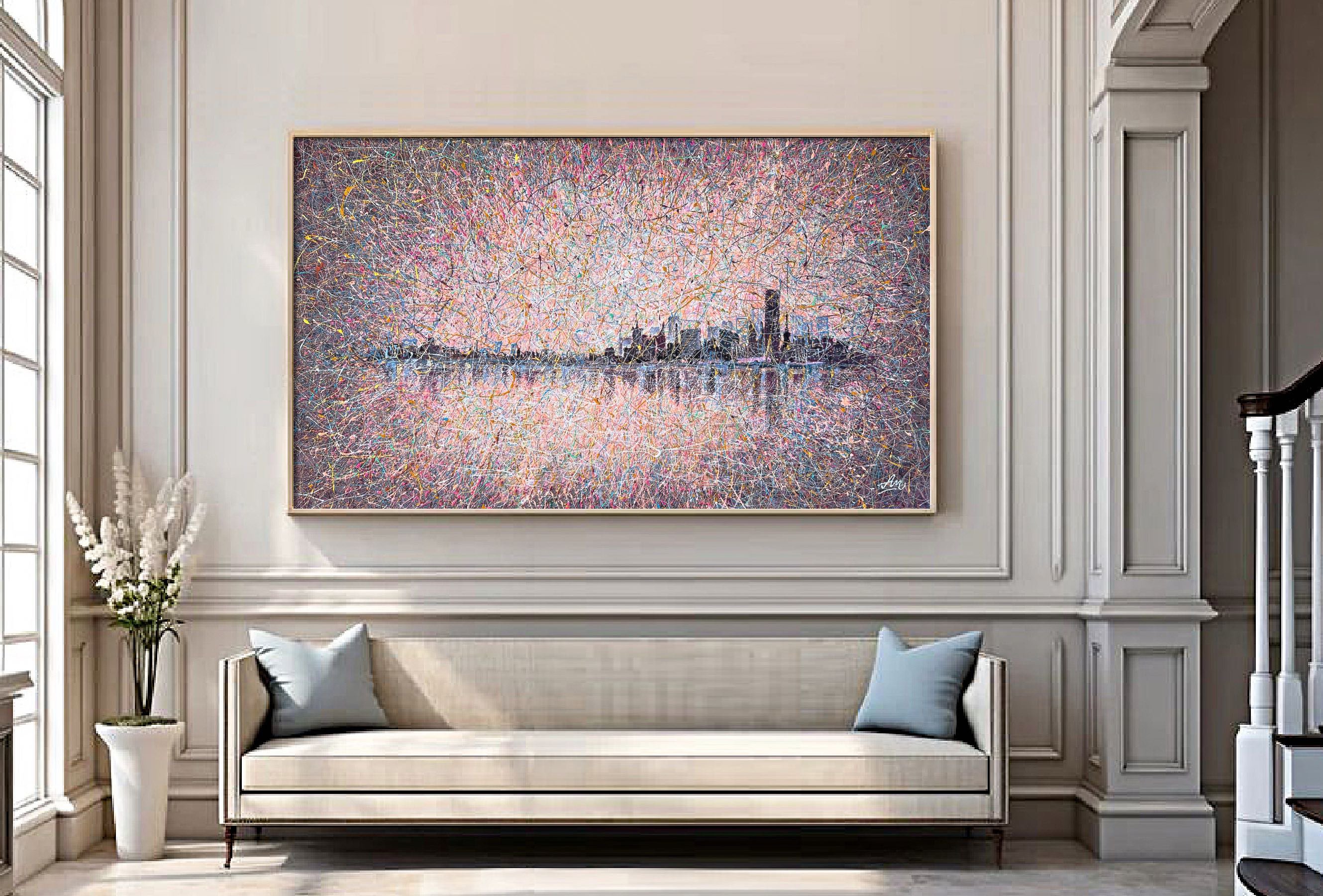 Abstract Cityscapes Acrylic Painting By Nadiia Antoniuk, 75 X 45", Pulse Of Human Civilisation, Original Artwork