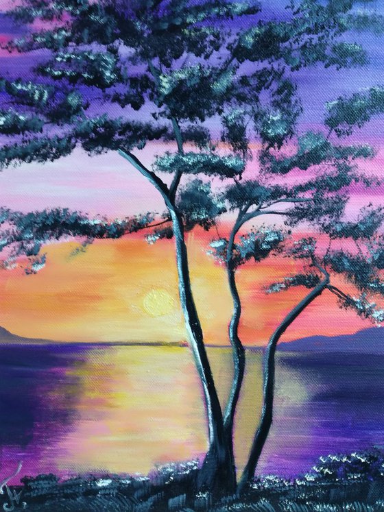 Oil painting Art Gift Idea  Wall Decor Design Small Art Sunset