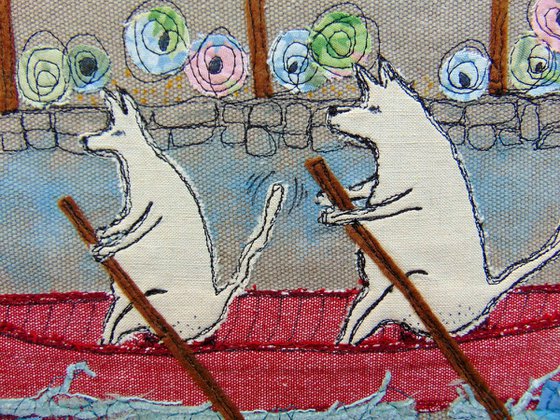 "Canoeing on Canal du Midi" - textile collage