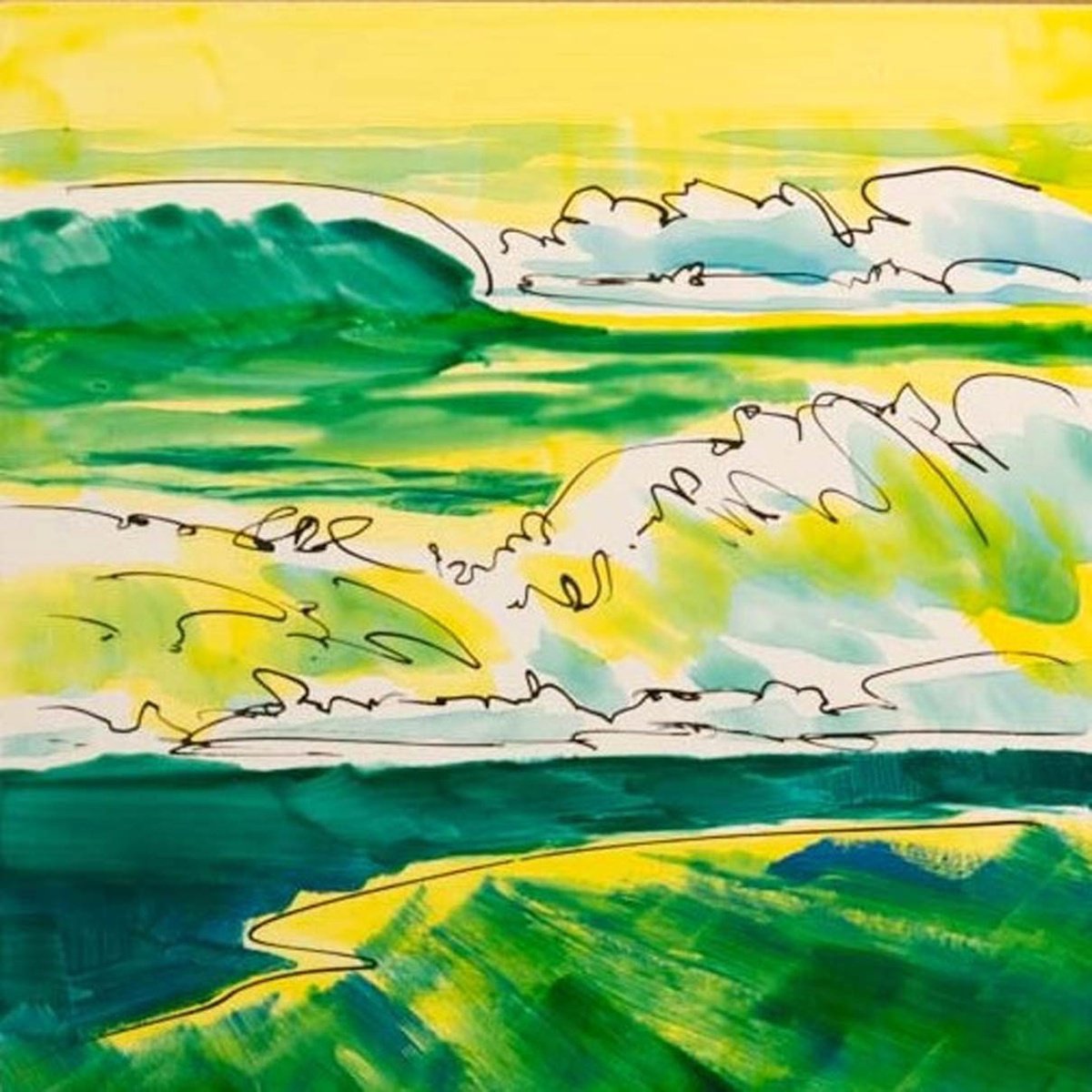 Graphic Landscape Oil Painting By Hal Bohner, 8 X 8, Playing In The Waves #1, Original Artwork