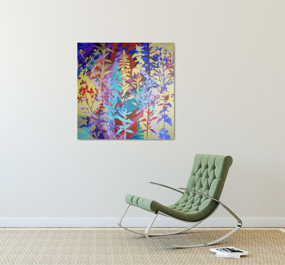 Chinoiserie  ( vibrant semi abstract flower painting with gold - ready to hang)