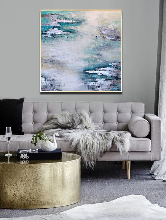 Light Of Day - Abstract White Grey Teal Silver Painting, Square Painting 32" Large Canvas, Minimalist Painting, Living Room Painting