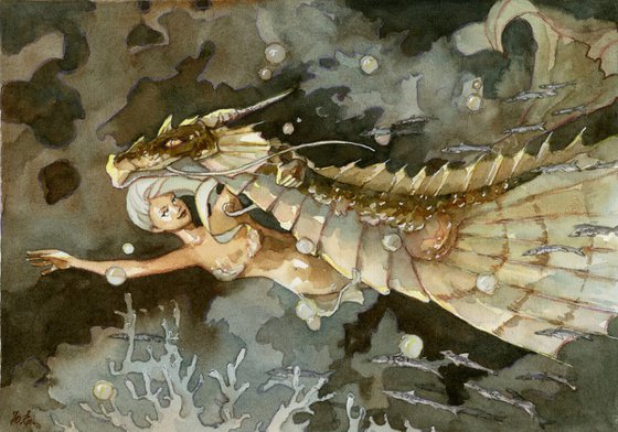 Mermaid and Water Dragon, Fantasy in watercolor