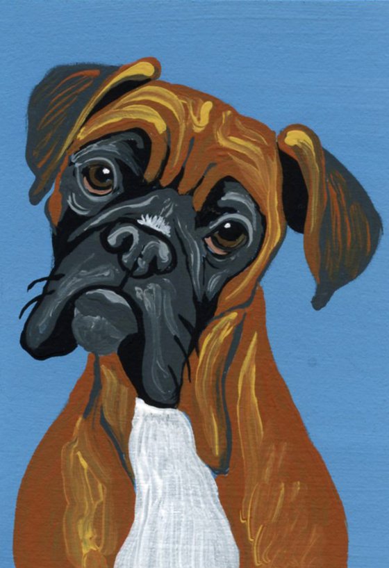 ACEO ATC Original Miniature Painting Tan Boxer Pet Dog Art-Carla Smale