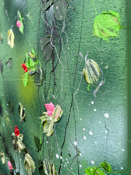 "Akai Hanabira" modern textured green floral painting