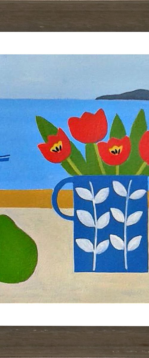 Four Red Tulips and a Pear by Jan Rippingham