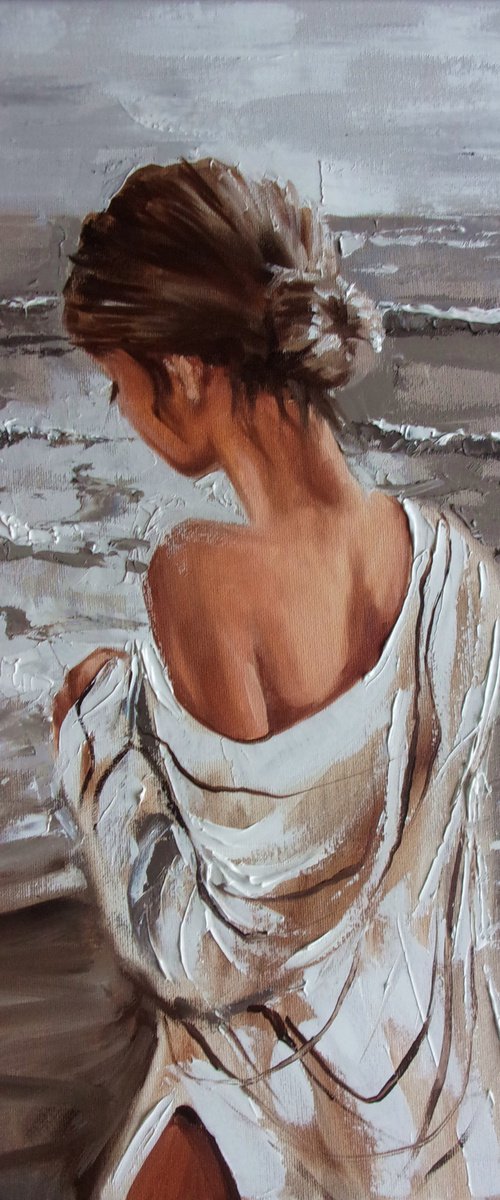 " HAVE TO THINK ABOUT IT ... " SUN SKY SEA SAND liGHt  ORIGINAL OIL PAINTING, GIFT, PALETTE KNIFE by Monika Luniak