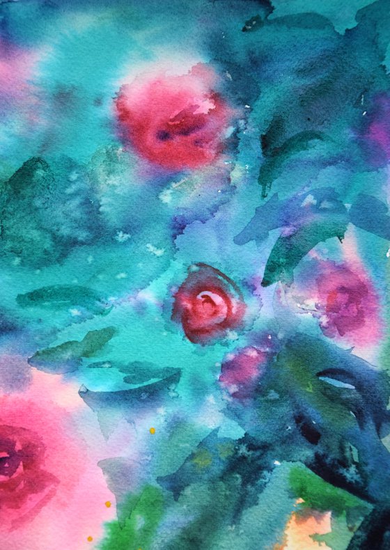 Roses Watercolor Painting, Abstract Wall Art, Pink Flowers Original Artwork