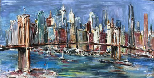 Brooklyn bridge, abstract impressionist painting 70x135cm by Altin Furxhi